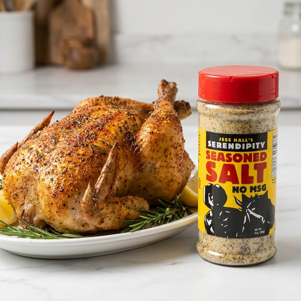 Jess Hall’s Serendipity No MSG Seasoned Salt on roasted chicken