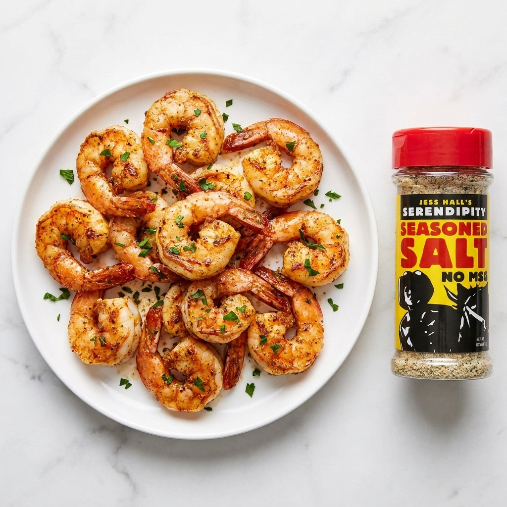 Jess Hall’s Serendipity No MSG Seasoned Salt with grilled shrimp