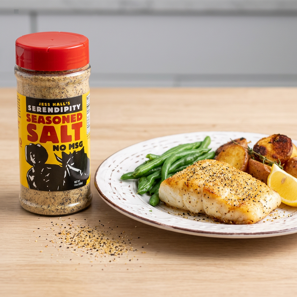 Jess Hall’s Serendipity No MSG Seasoned Salt on white fish