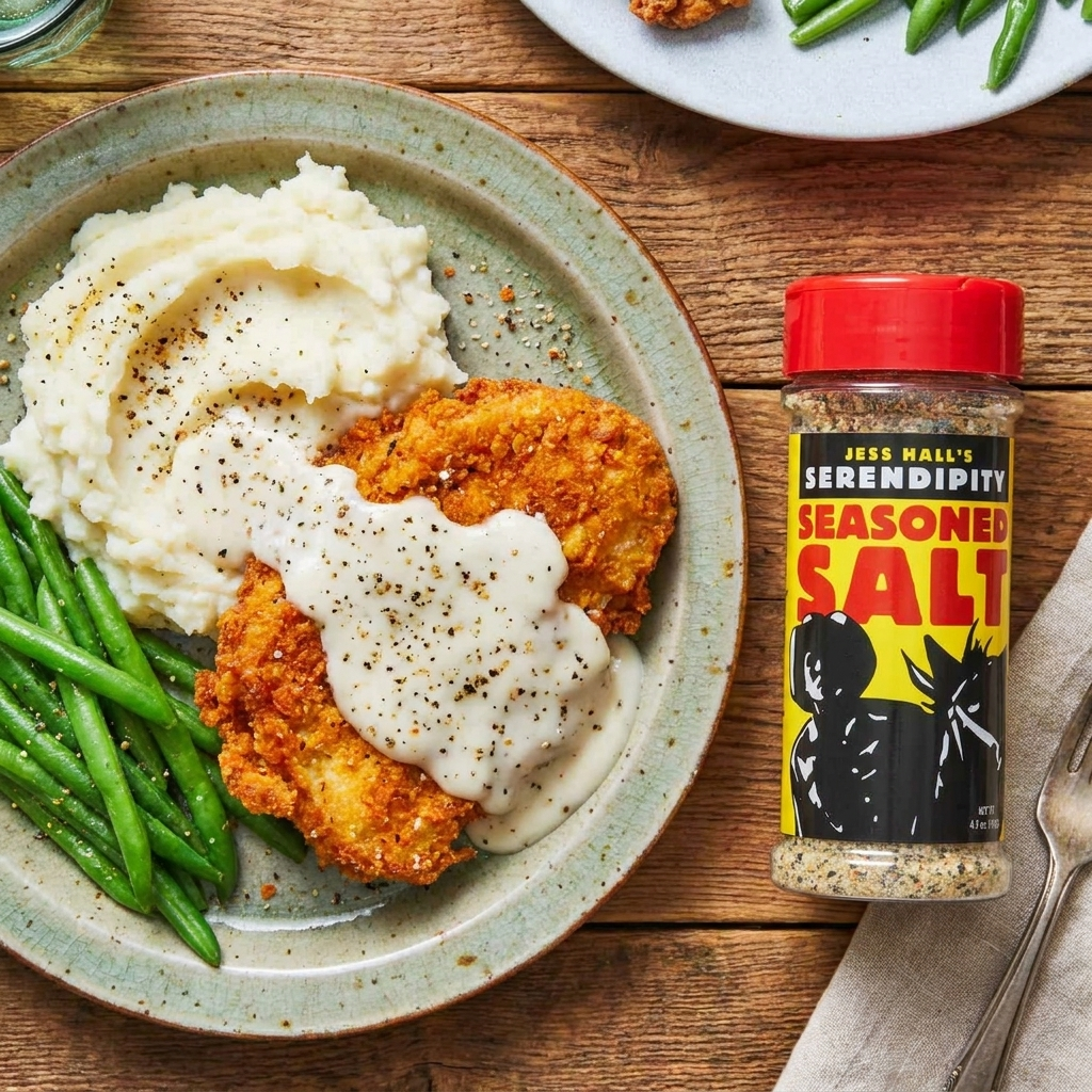 Jess Hall’s Serendipity original seasoned salt with chicken fried chicken