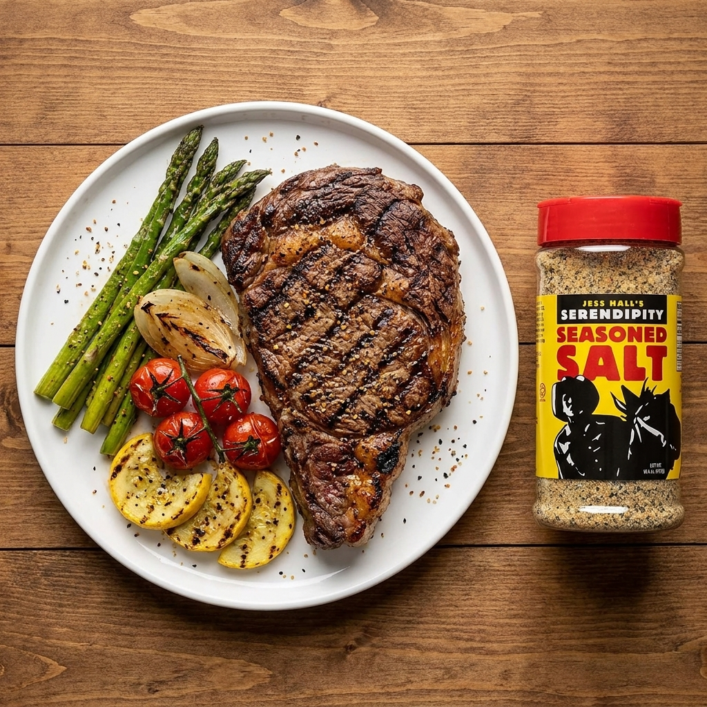 Jess Hall’s Serendipity original seasoned with steak and grilled veggies
