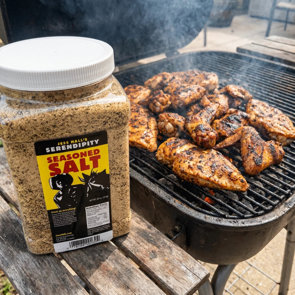 Jess Hall’s Serendipity original seasoned with grilled chicken on bbq pit