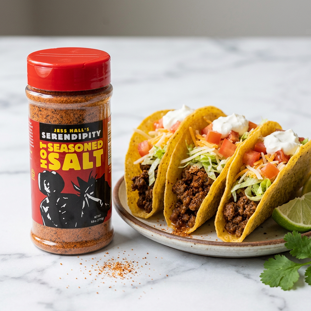 Jess Hall’s Serendipity Hot Seasoned Salt with crispy beef tacos