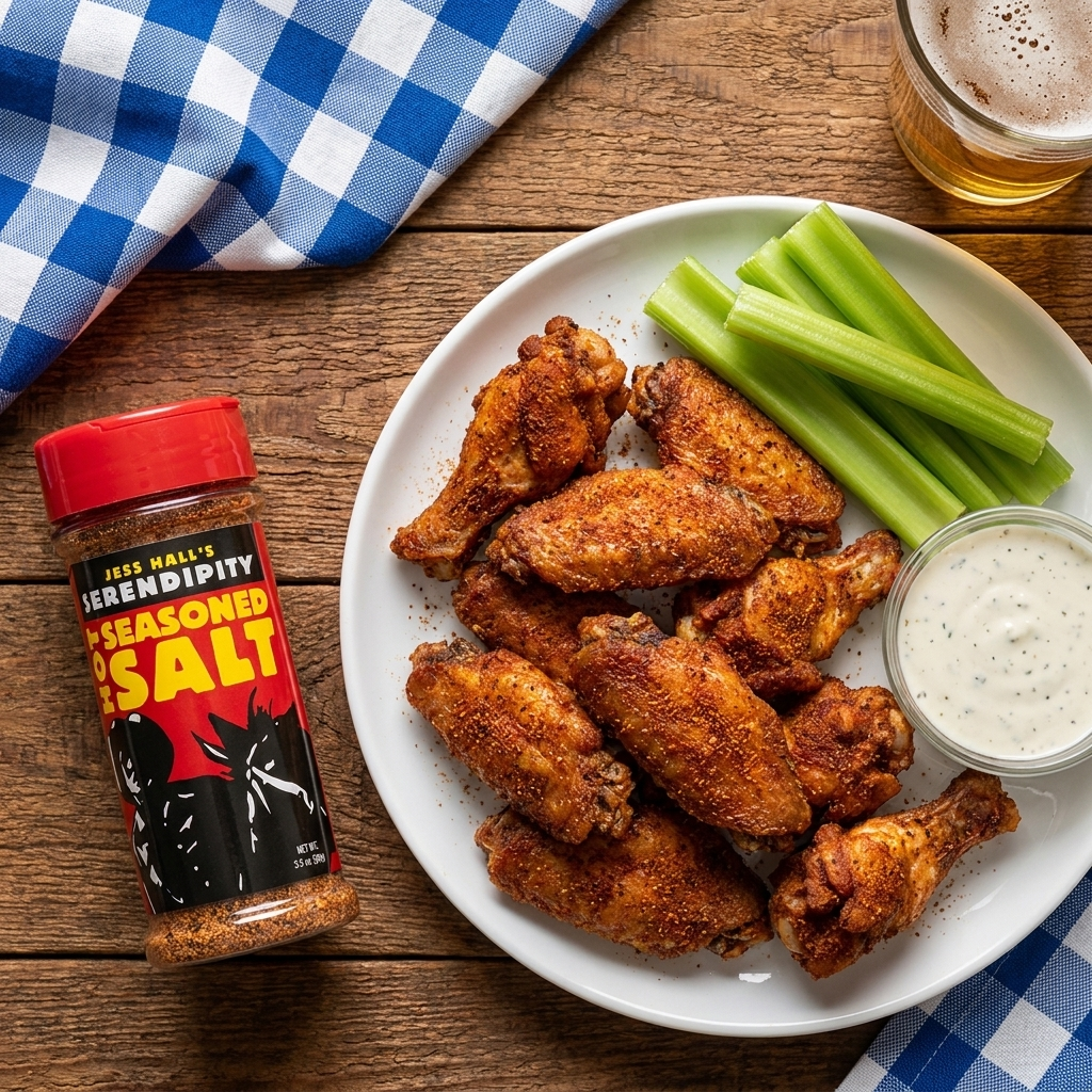 Jess Hall’s Serendipity hot seasoned salt with chicken wings